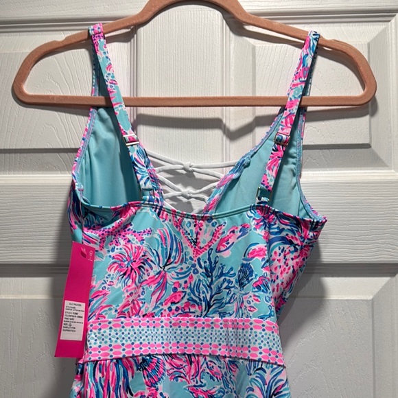 Lilly Pulitzer Pink and Blue One Piece Swimsuit with Lace-Up Detail - Picture 4 of 5